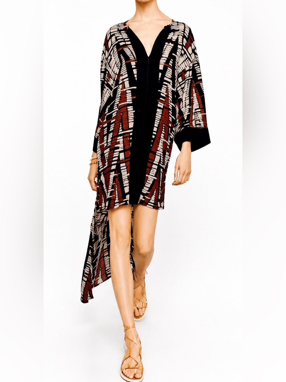 BCBGMaxAzria Black, Cream & Brown High-Low Printed Maxi Dress